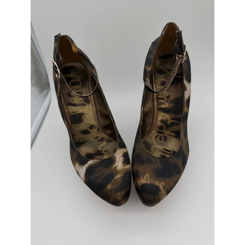 Sam Edelman Quinn Leopard Print Platform Wedge Ankle Strap Heels Brown 7.5M‎
